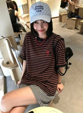 皇冠2026夏季韩版刺绣猫咪宽松显瘦百搭中长款大版圆领短袖T恤女