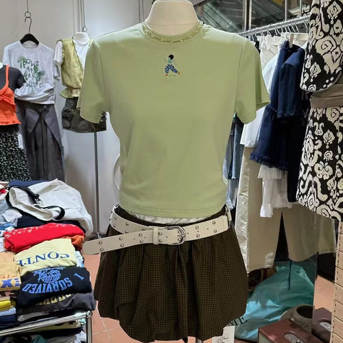 TRUST ME2025夏季韩版简约百搭人物刺绣修身正肩休闲圆领短袖T恤