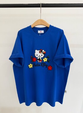 皇冠2026夏季刺绣卡通凯蒂猫小花时髦百搭大版全棉圆领短袖T恤女