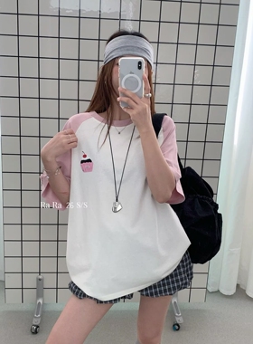 RARA STYLE2026夏季美式复古插肩袖软萌印花宽松甜妹圆领短袖T恤