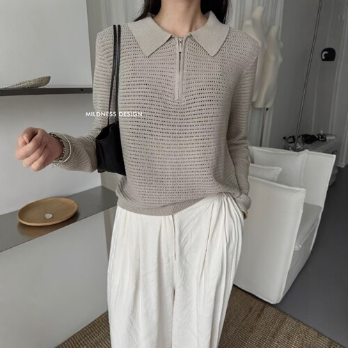 MILDNESS2026秋季韩版简约百搭宽松显瘦polo领镂空半拉链针织衫女