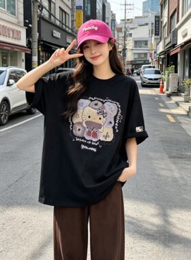 皇冠2026夏季韩版刺绣卡通凯蒂猫印花宽松全棉大版圆领短袖T恤女