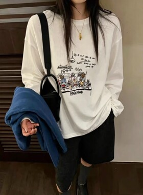 皇冠2026秋冬重磅刺绣卡通宽松加厚磨毛中长款全棉圆领长袖T恤女