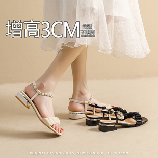 外穿粗跟透气不累脚仙女配裙子 款 淑女风珍珠一字带凉鞋 女春夏时装