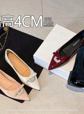 法式漆皮尖头浅口单鞋女轻熟风内增高水钻扣蝴蝶结气质防滑通勤鞋