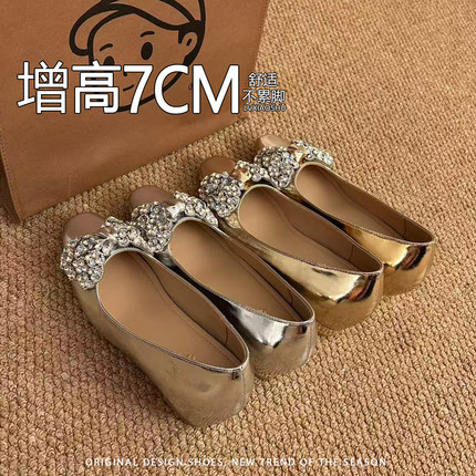 法式闪钻蝴蝶结浅口单鞋女温柔风方头粗跟内增高一脚蹬配裙子宴会