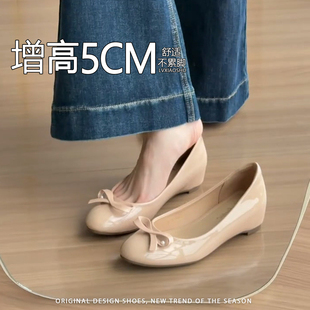 法式小个子内增高圆头浅口单鞋女2026新款蝴蝶结优雅气质玛丽珍鞋