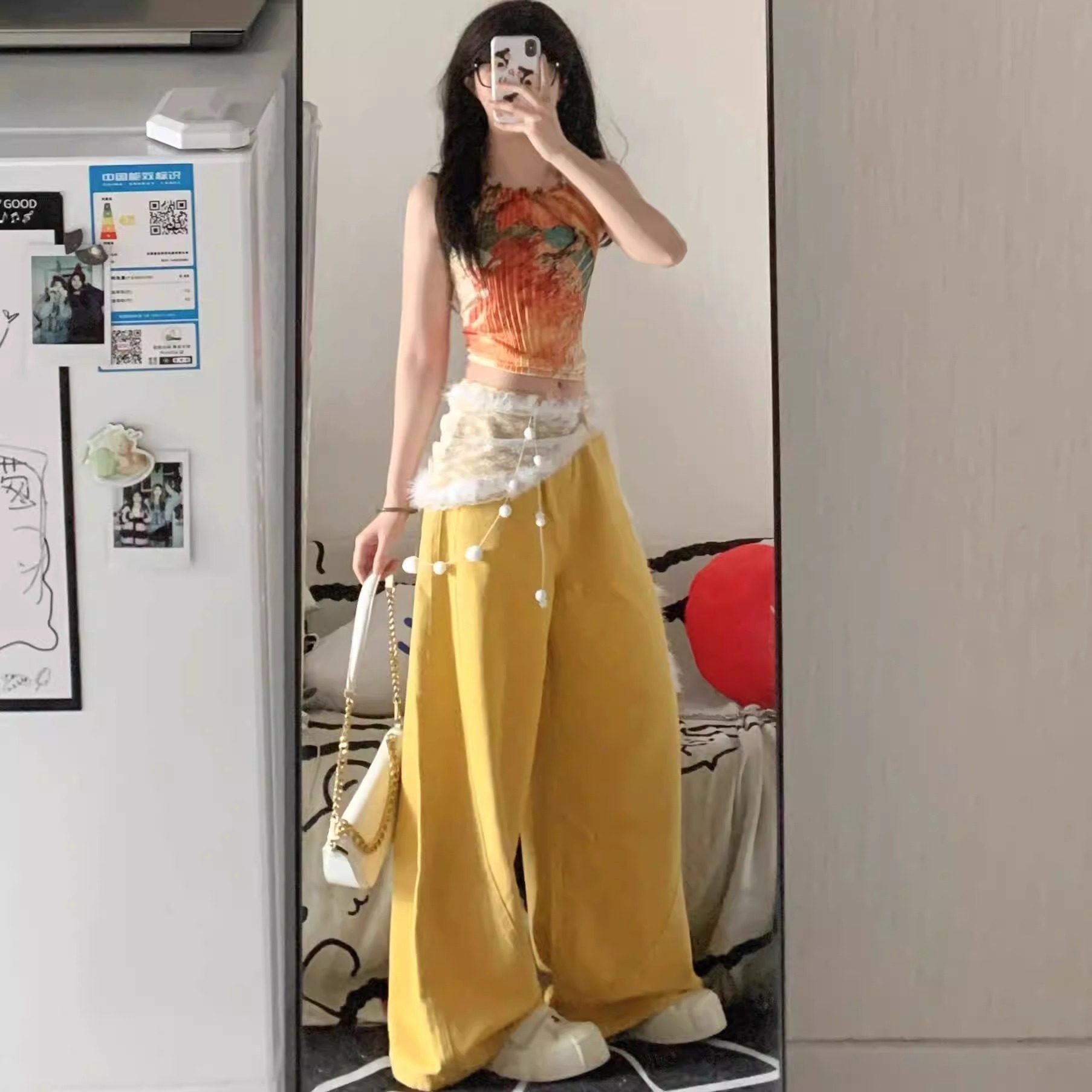 美式复古树叶黄阔腿牛仔裤