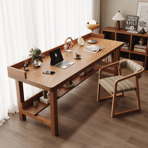 实木长条书桌客厅卧室书房双人学习桌子双层靠墙窄书桌电脑桌原木