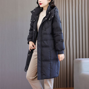 黑色连帽长款羽绒服女2026新款抽绳收腰宽松过膝冬季保暖羽绒外套