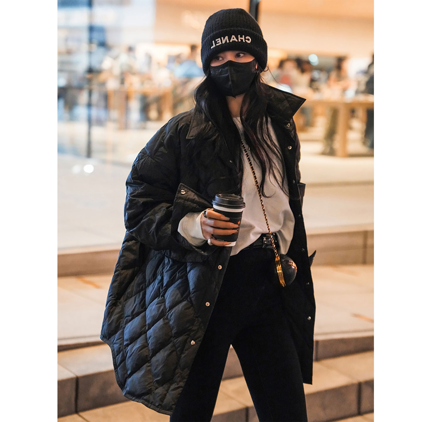 小香风菱格羽绒服女中长款衬衣式翻领宽松慵懒风黑色显瘦冬季外套