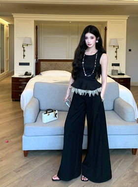 jennie生日韩系御姐高级感气质通勤套装女网纱无袖上衣阔腿休闲裤