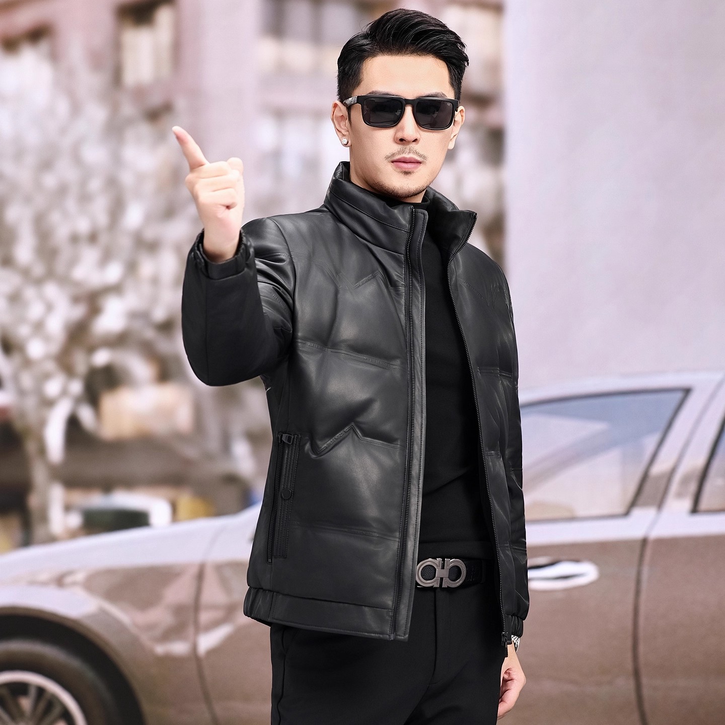 新款真皮皮衣男士绵羊皮短款冬季加绒加厚羽绒服立领皮夹克外套