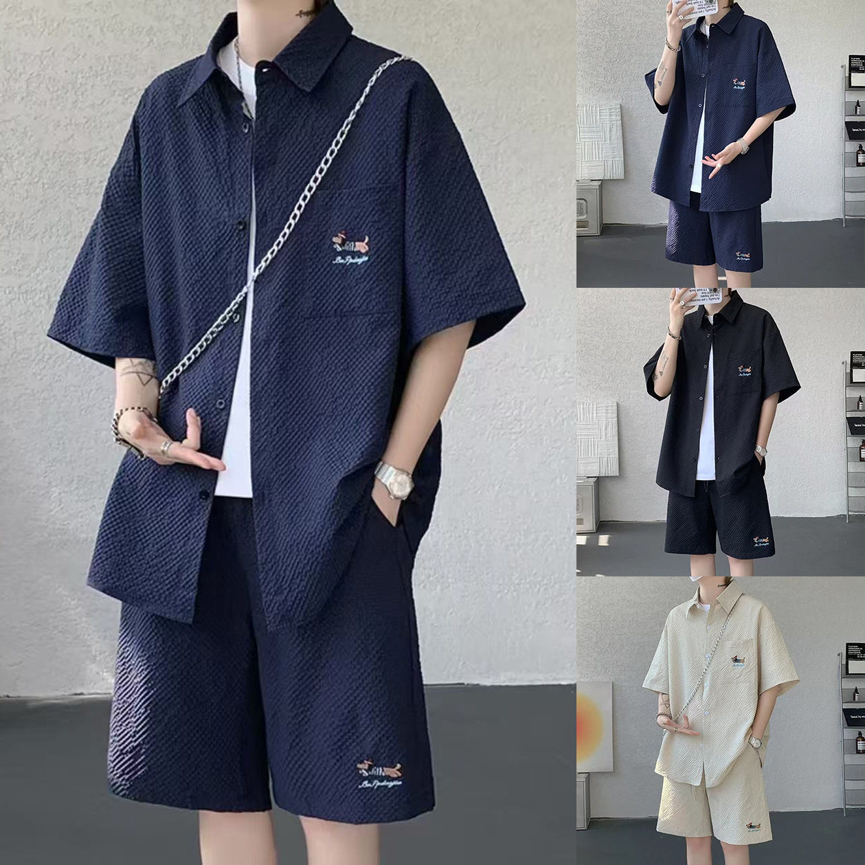 腊肠狗衬衫套装男开衫POLO衫衬衫外套短袖短裤学生潮