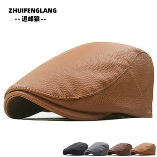 牛皮贝雷帽男式秋冬季保暖防风前进帽pu报童帽中老年人皮帽子