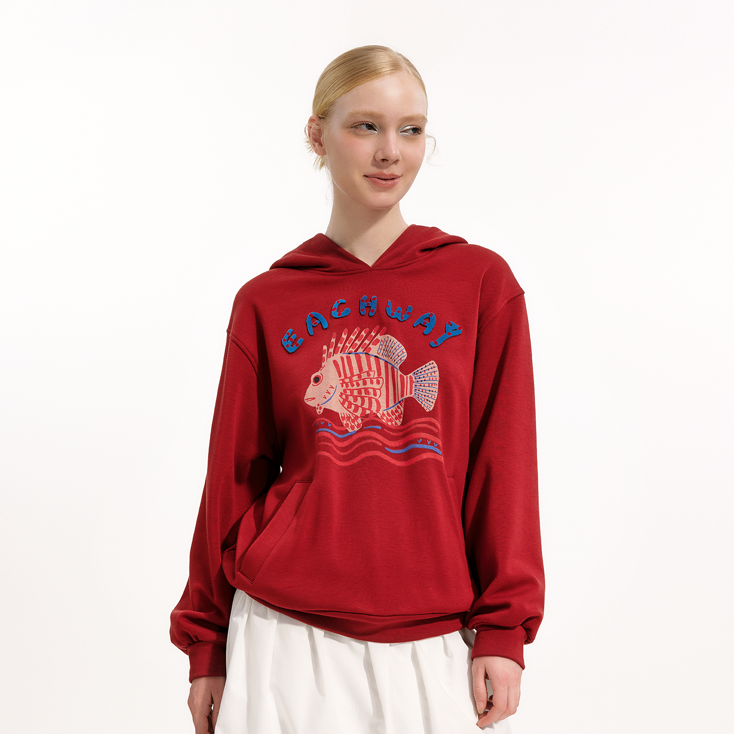 艺之卉趣味印花连帽卫衣赭红色慵懒感上衣2025冬新款