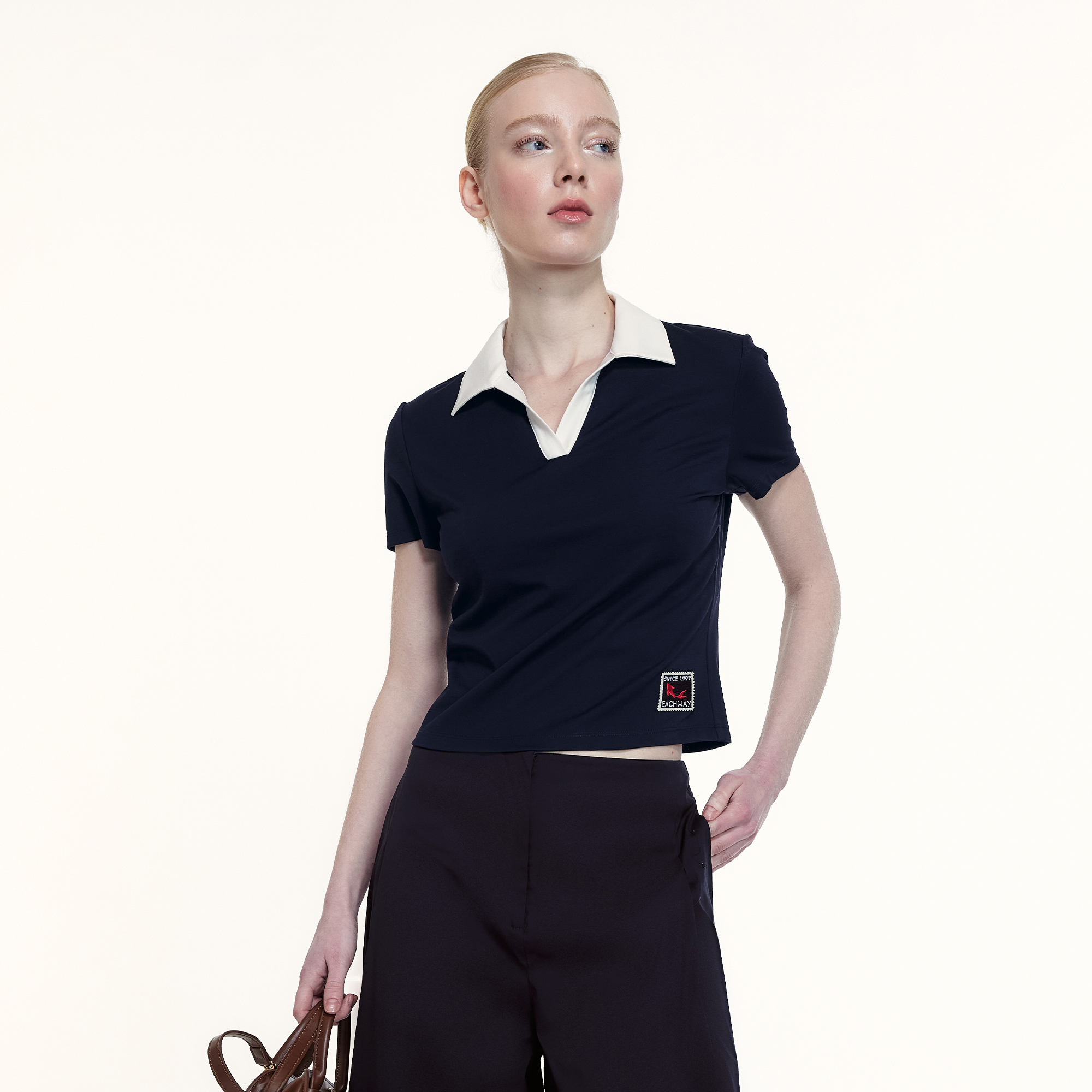 艺之卉Polo领学院风拼色针织T恤