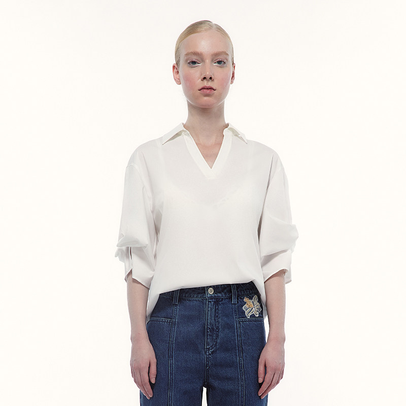 艺之卉通勤白色短袖衬衫翻领V领时尚套头上衣25秋新款
