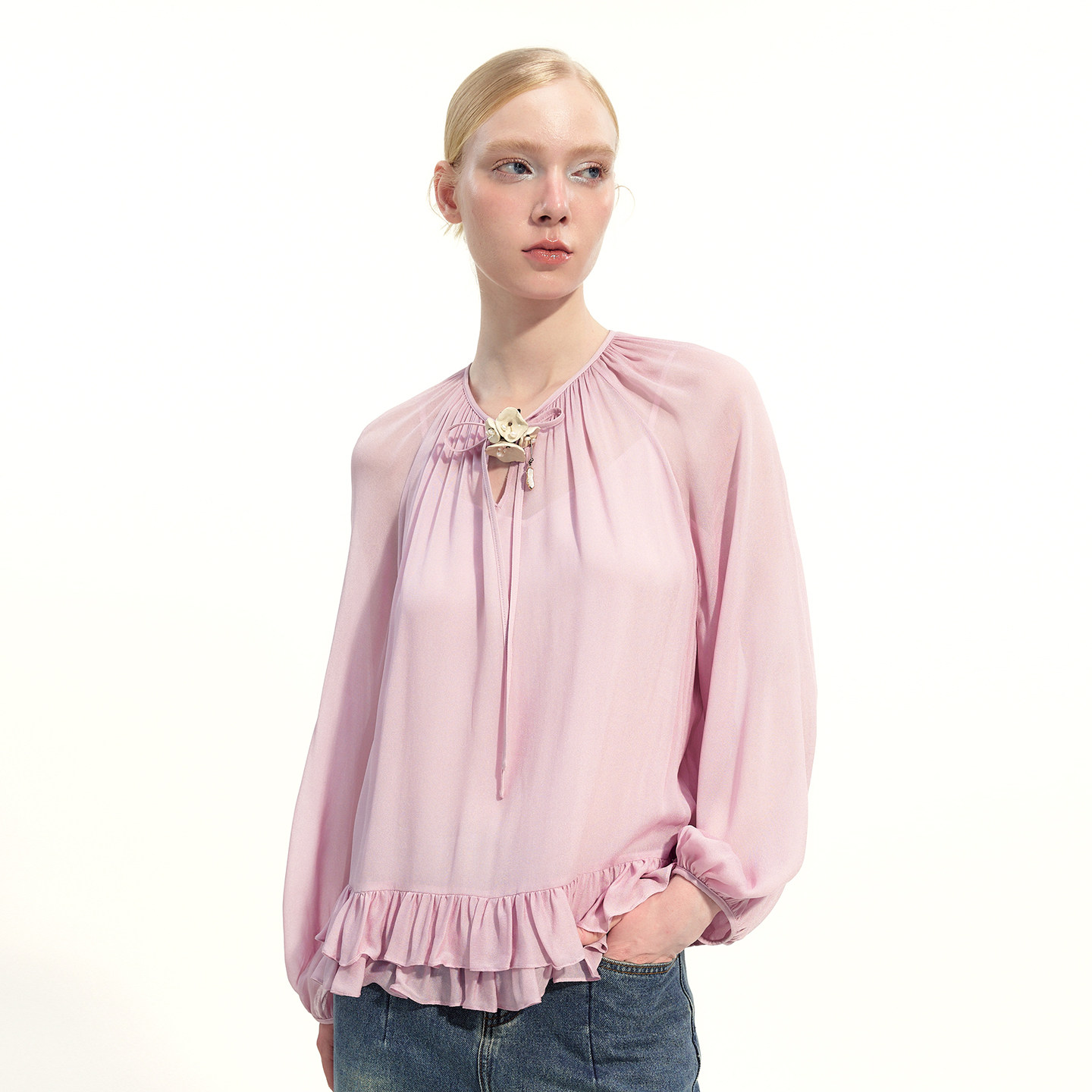 艺之卉柔美浪漫初荷粉花瓣衬衫