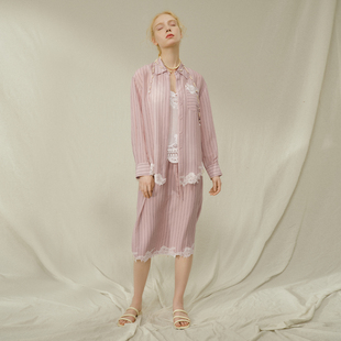 艺之卉粉彩风条纹蕾丝拼接醋酸桑蚕丝抽绳高智动感半裙2026春夏