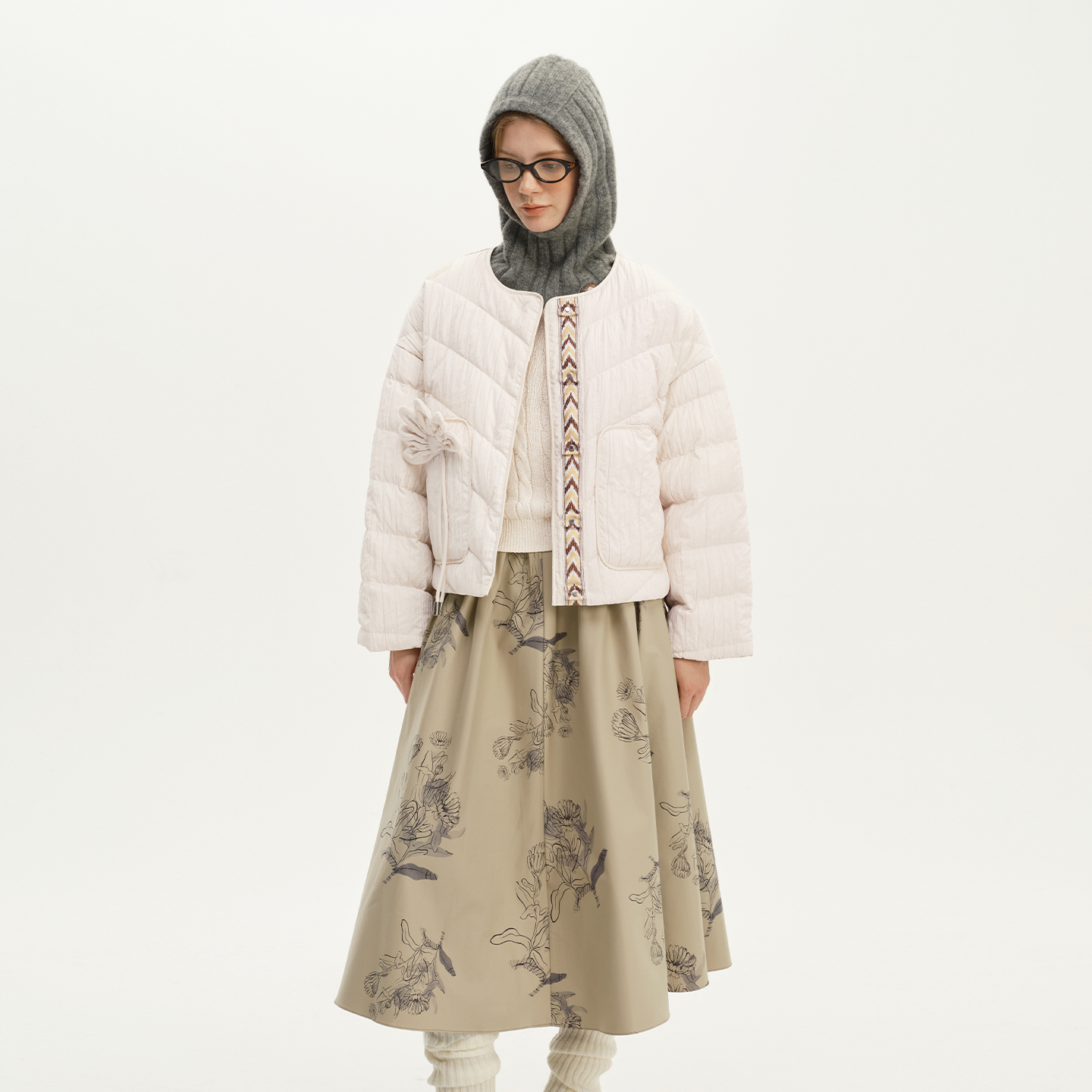 暗纹桑蚕丝羽绒服艺之卉中式立领