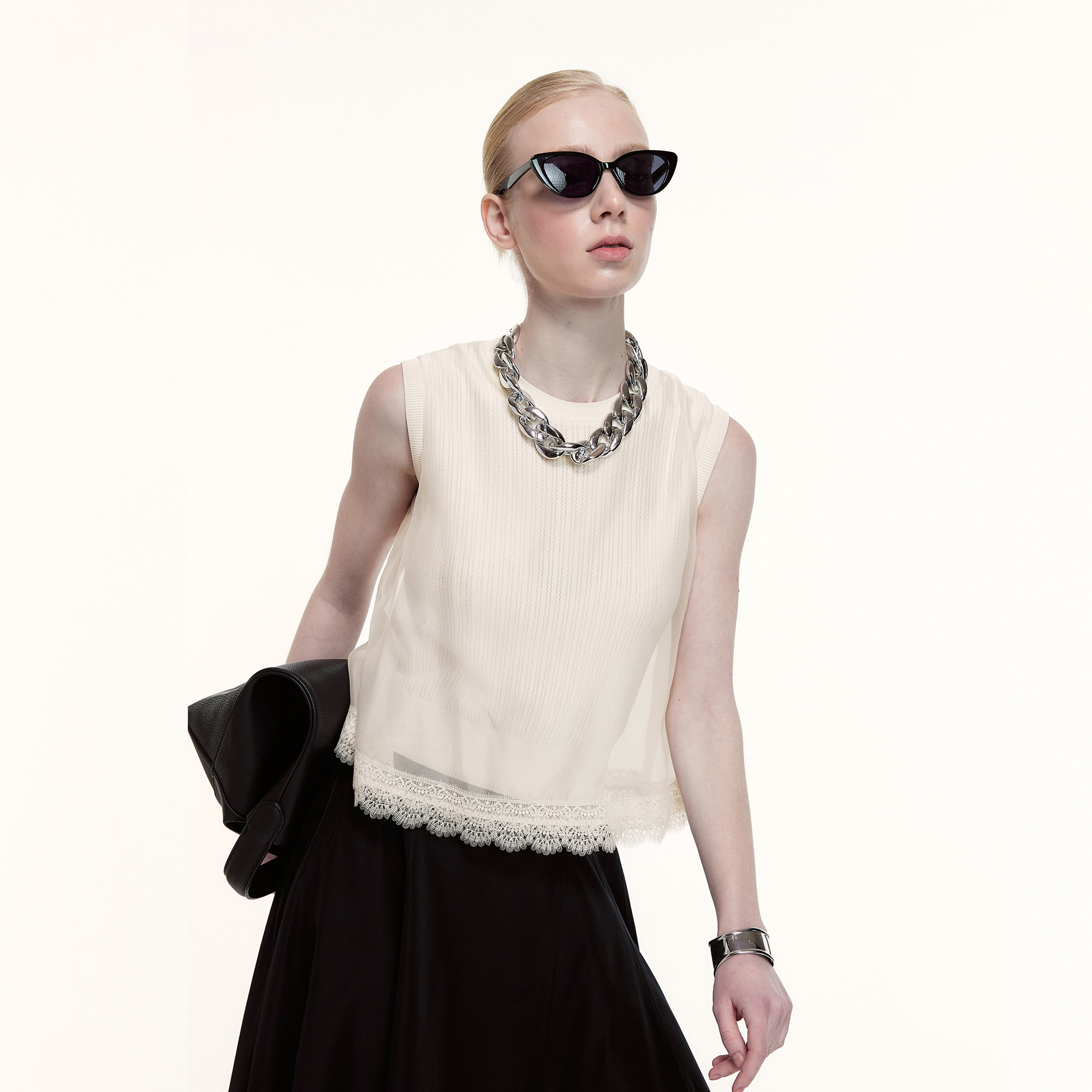 艺之卉薄纱针织上衣无袖背心