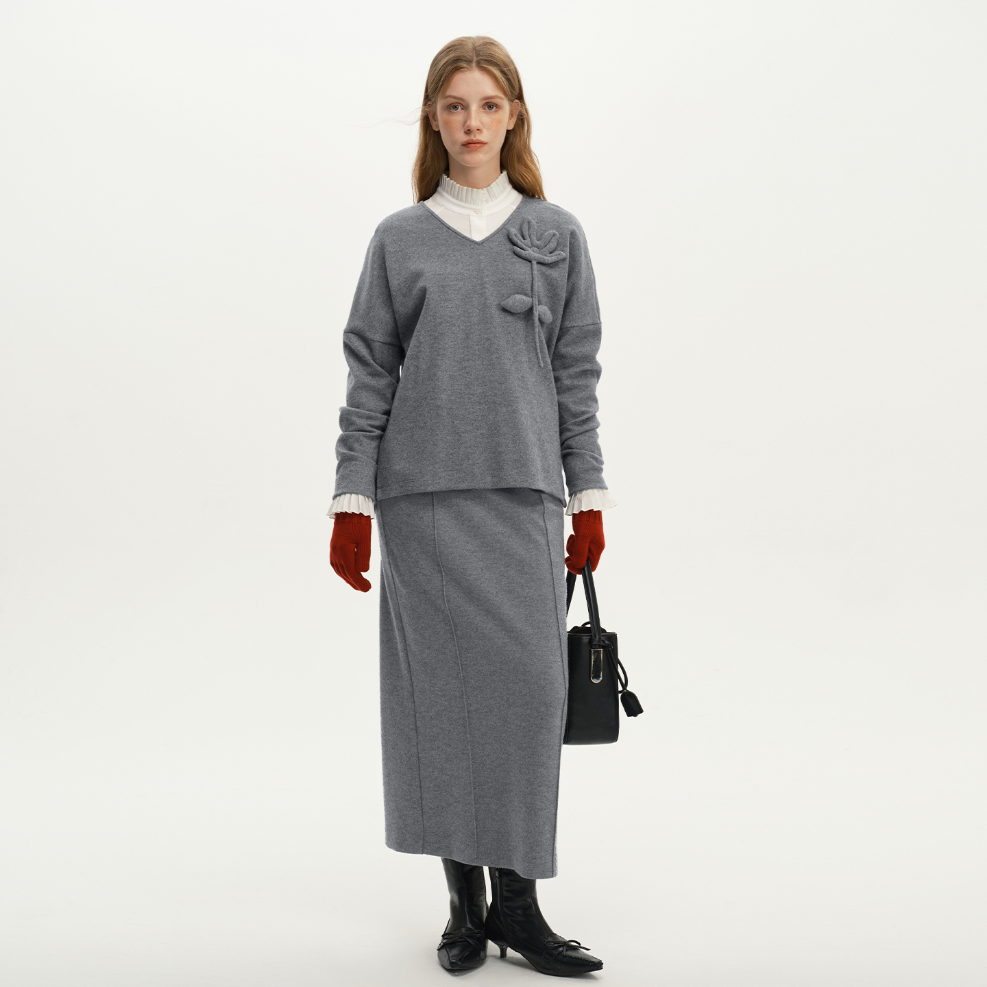 艺之卉羊毛天丝棉高级灰优雅直筒半身裙线条设计中长款2025春