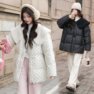 超大码娃娃领波点羽绒服女260斤胖mm冬季小个子减龄羽绒衣外套200