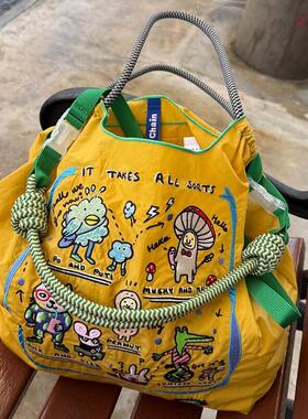 日本代购ball chain刺绣黄色虚拟卡通购物袋帆布包单肩旅游通勤包