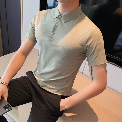 Шелковая футболка polo, летняя тонкая рубашка, эластичный элитный ростомер, облегающий крой