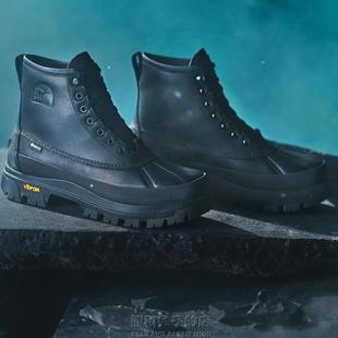 代购sorel DAYSTORM HORIZON 冰熊雪地靴防水全粒面黑皮革户外靴