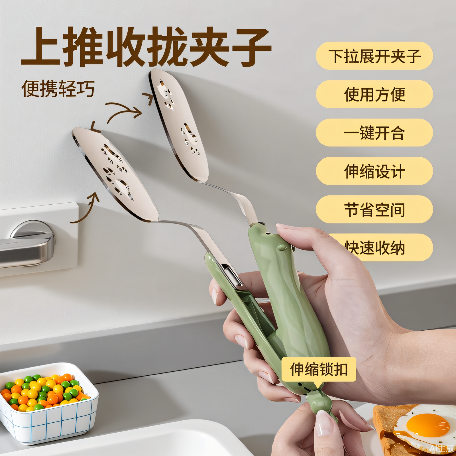 煎鱼夹卡通小熊家用厨房可伸缩锁扣加长防滑可煎可铲二合一食品夹