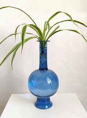 仿宋雀蓝色玉净瓶磨砂玻璃花器透明中式复古文人书房茶室花瓶摆件