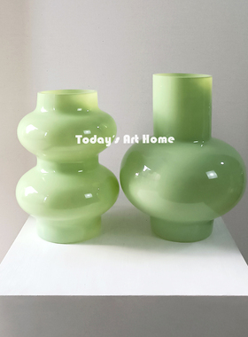 现代北欧中古花瓶奶油色青绿玻璃花器客厅餐桌电视柜中式装饰摆件