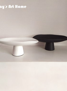现代中式高脚果盘白色陶瓷家用餐桌收纳盘北欧极简设计茶几大托盘