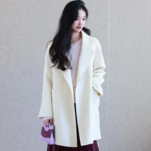 高端阿拉善山羊绒双面呢大衣女中长款系带短浴袍款小个子毛呢外套