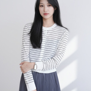 春季新款简约清爽竹节麻针织开衫女士肌理感长袖条纹上衣外搭外搭