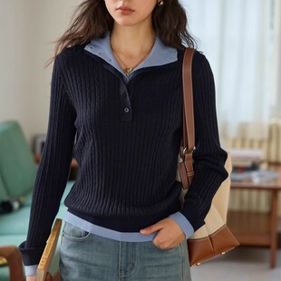 2025新款秋复古可机洗羊毛衫女撞色假两件针织衫绞花高领翻领毛衣