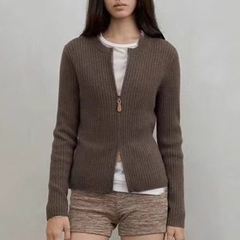 秋冬高智极简100%纯山羊绒衫女修身显瘦针织开衫双头拉链毛衣外套