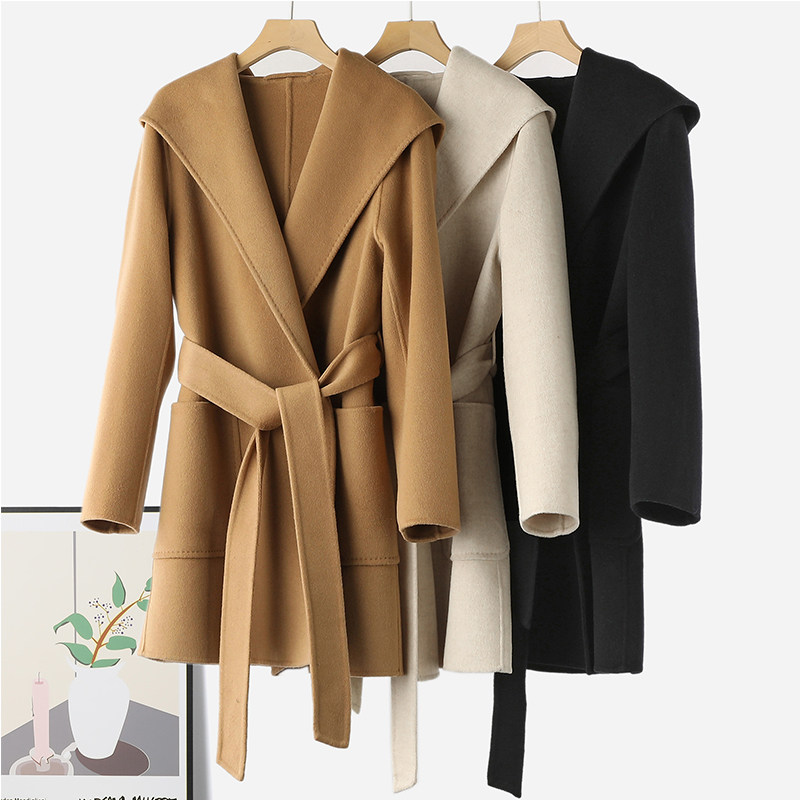 秋冬新款M家高支羊毛双面羊绒大衣女系带浴袍中长款连帽毛呢外套