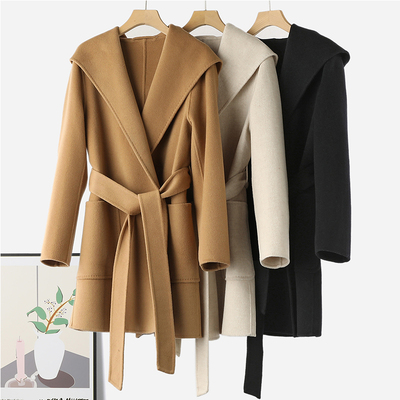 系带中长款双面羊绒毛呢外套羊毛