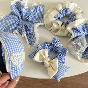 韩国甜美蓝色格子串珠重工大肠发圈宽边发箍女爱心蕾丝方巾珍珠蝴