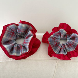 浓郁红蓝格子四层大肠发圈节日高级感气质扎头发头绳头花发饰