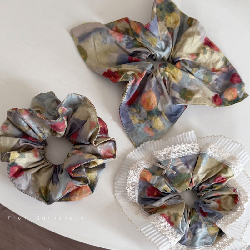 复古油画风花朵大肠圈复古发圈方巾丸子头花绑头发绳马尾发饰,饰品/流行首饰/时尚饰品新,发饰,淘宝优惠券,粉丝福利购,淘宝优惠卷