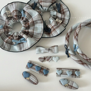 海盐蓝格纹爱心发夹BB夹植绒爱心发圈刘海夹蝴蝶结发箍碎发卡少女