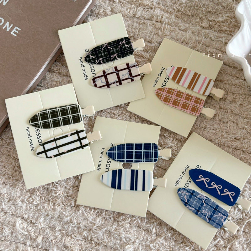 2个装蓝色格纹系列蝴蝶结无痕发夹ins可爱甜美刘海侧边夹发卡