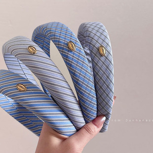 蓝色博主同款格子高颅顶金标发箍格纹宽边学院风高级感发卡别致发