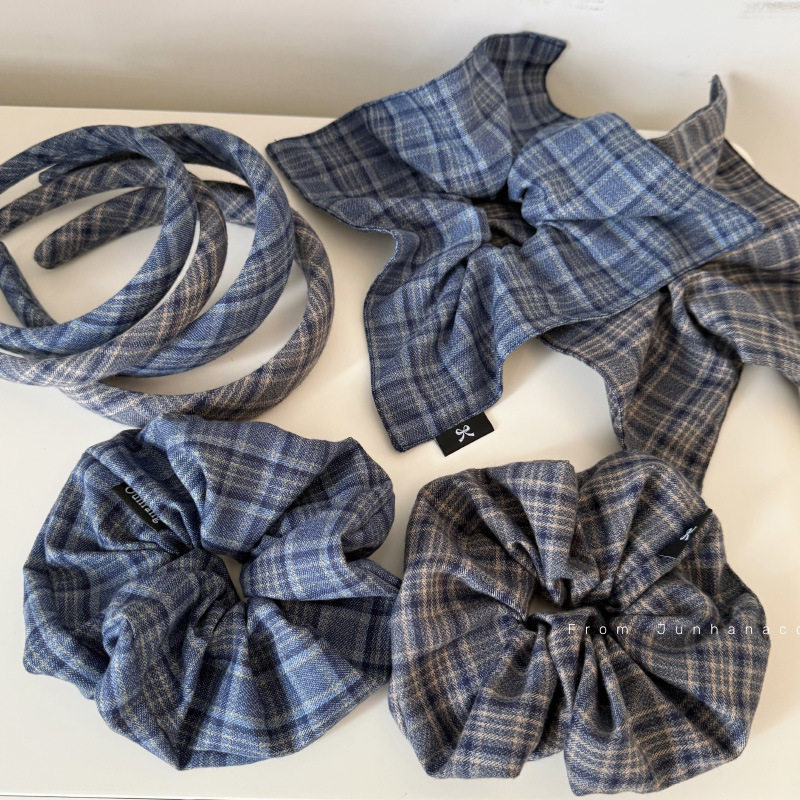 韩系蓝灰格纹大肠发圈发箍头箍秋冬发绳丸子头绳皮筋发饰