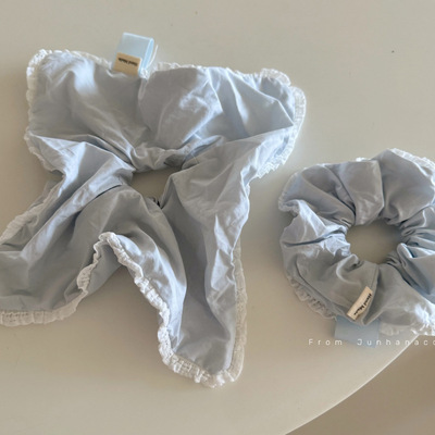 手作浅浅冰蓝大肠发圈百搭柔软轻薄棉质花边方巾发绳扎发发饰女
