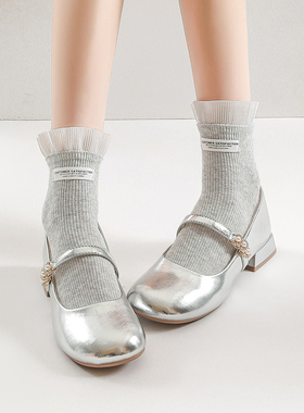 2025新款灰色花边袜子女款中筒袜春夏款配玛丽珍小皮鞋荷叶边短袜